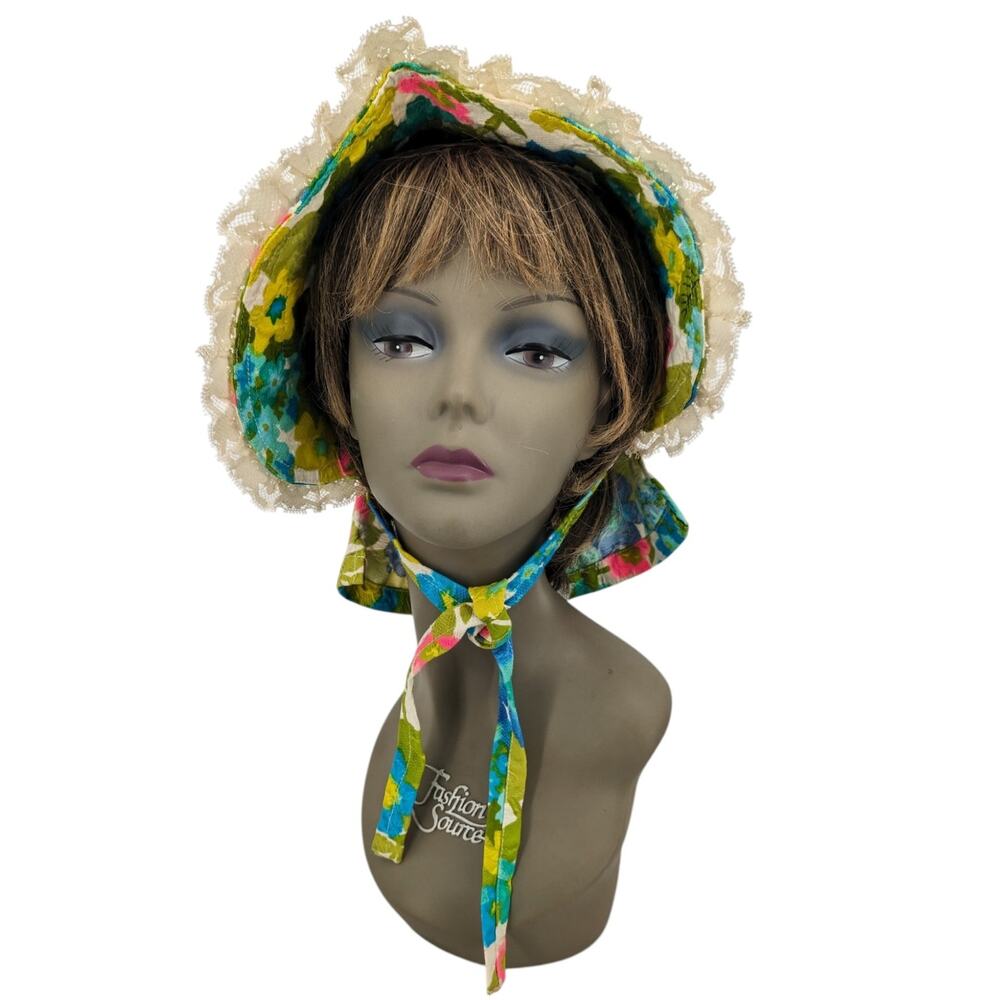 Vintage 1970's Psychedelic Hippie Bonnet Hawaiian Fabric Lace Trim Shell Buttons - Picture 2 of 12